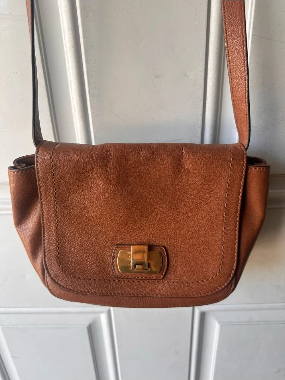 Cole Haan Valise Jenna Cognac Leather Crossbody Shoulder Bag Turn Lock Purse